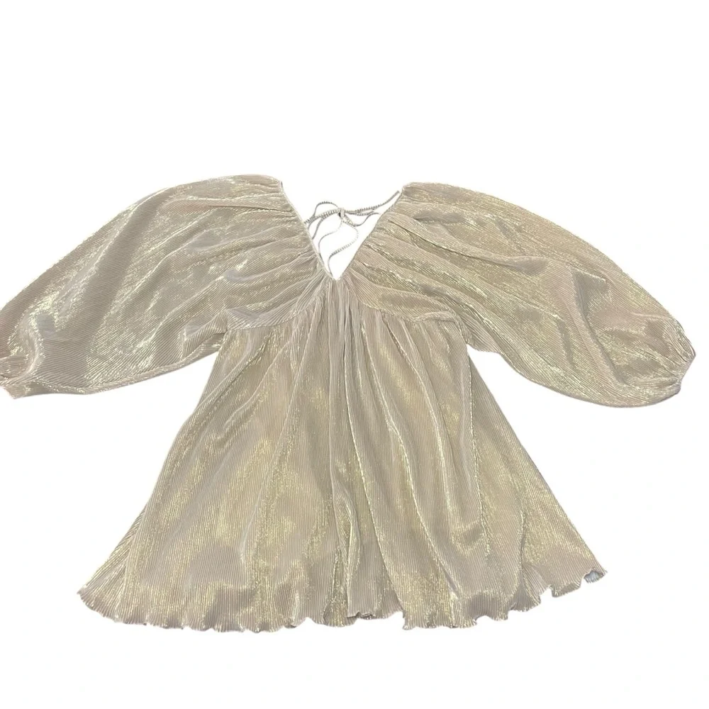 Mable Gold Plunge Neck Flowy Pleated Cocktail Dress Balloon Long Sleeve Mini L - Picture 5 of 13